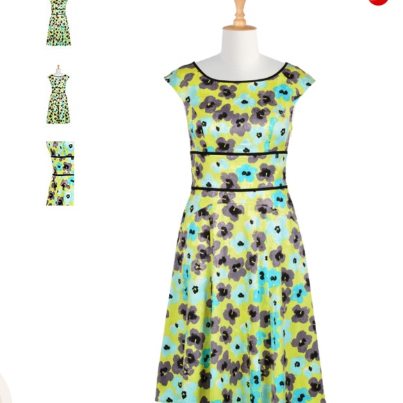 eShakti split scoop chartreuse/aqua floral dress - Picture 3 of 5